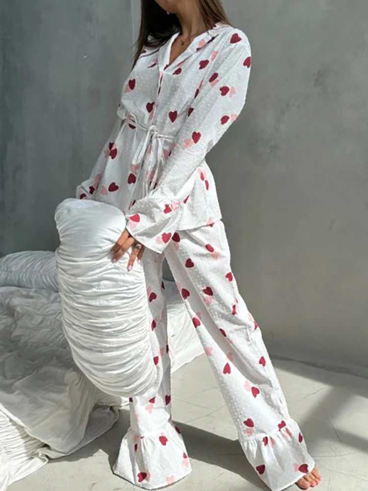 Linad Print Pajamas For Women 2 Piece Sets Cotton Long Sleeve Sleepwear Female Casual Trouser Suits Autumn Fashion Nightwear