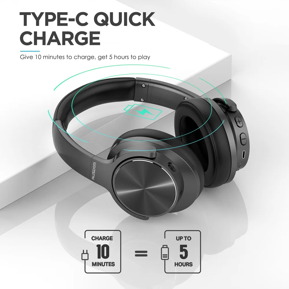 AUSDOM E9 Wireless APTX-HD Headphones Active Noise Cancelling Super HiFi Deep Bass Bluetooth 5.0 Headset With 60 Hours Playing