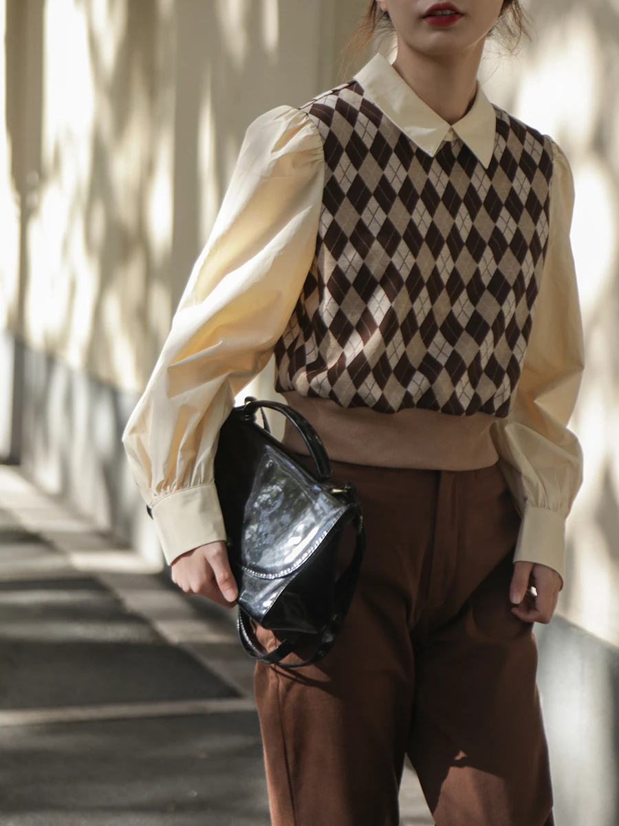 

Винтажный вязаный свитер в клетку для женщин, осенне-зимний, с эффектом двухслойности, в стиле ретро, модный топ