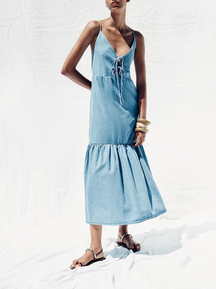 

European style new women's fashion versatile temperament solid color bow-decorated suspender midi dress
