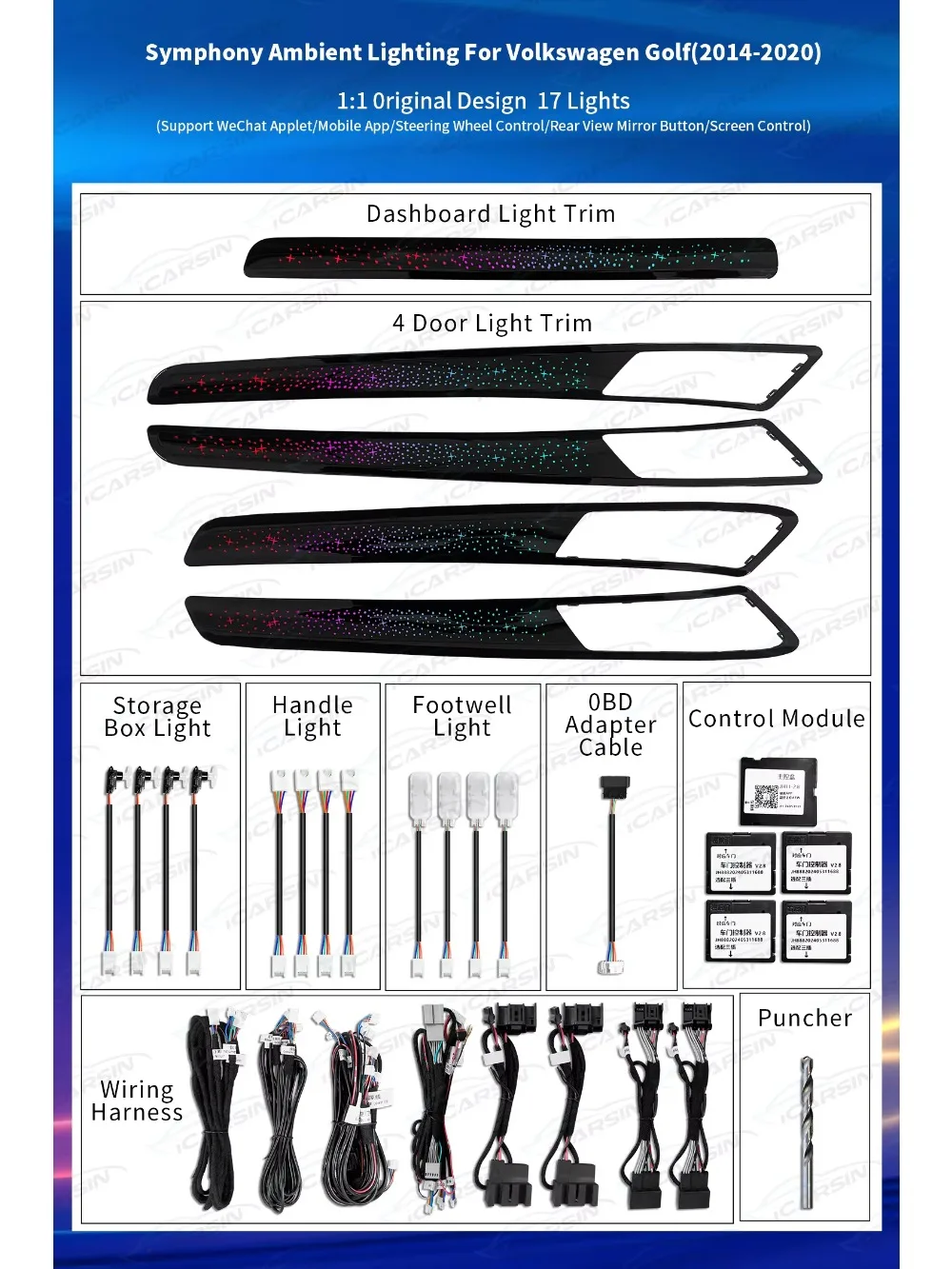 64 Color Dynamic Ambient Lighting Upgrade Kit for VW Golf 7 Mk7 Interior LED Light Trim Panel Accessories