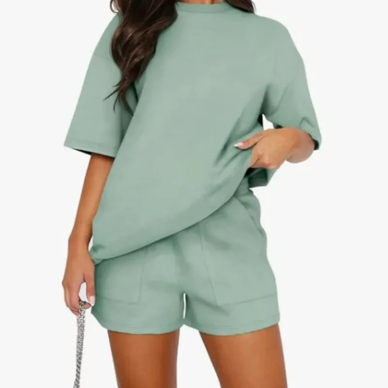 夏カジュアルルーズセットファッション固体 O ネック半袖トップス + ショーツ 2 点セット女性のためのスポーツ服新しい衣装