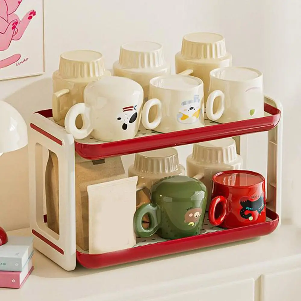

Plastic Cup Storage Rack Cream Style Large Capacity Water Bottle Holder Removable with Draining Net Tea Cup Holder Kitchen