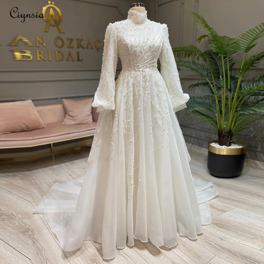 Ciynsia Moroccan Muslim Bridal Gowns Long Sleeves Plus Size Wedding Dresses for Bride A-Line Pearls Vestido De Noiva Casamento