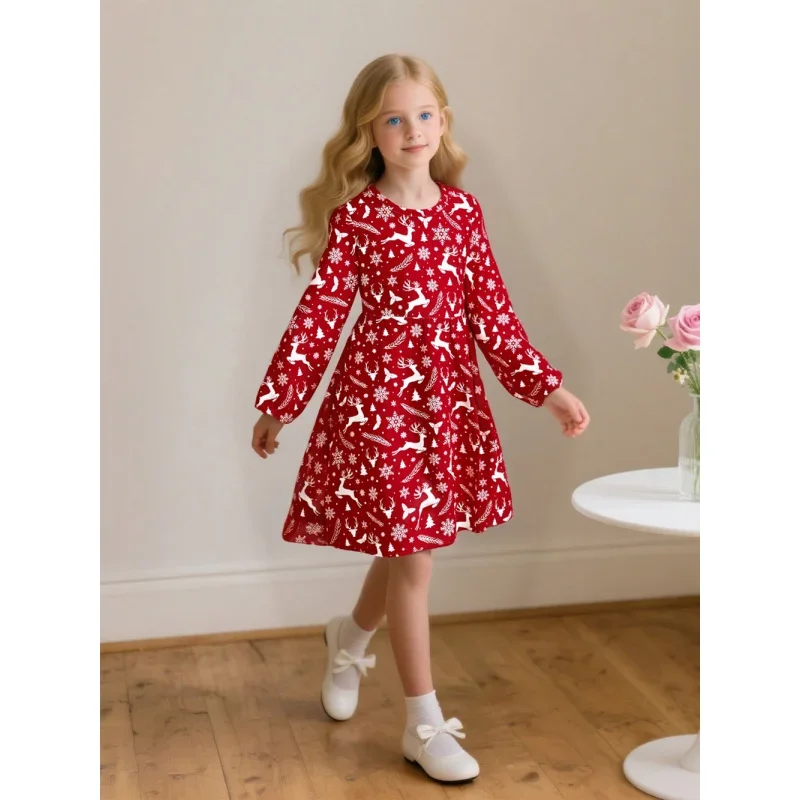 "أميرة عيد الميلاد" طباعة ندفة الثلج الرنة الحمراء - فستان بأكمام طويلة لموضوع عيد الميلاد، ملابس أطفال لطيفة #3