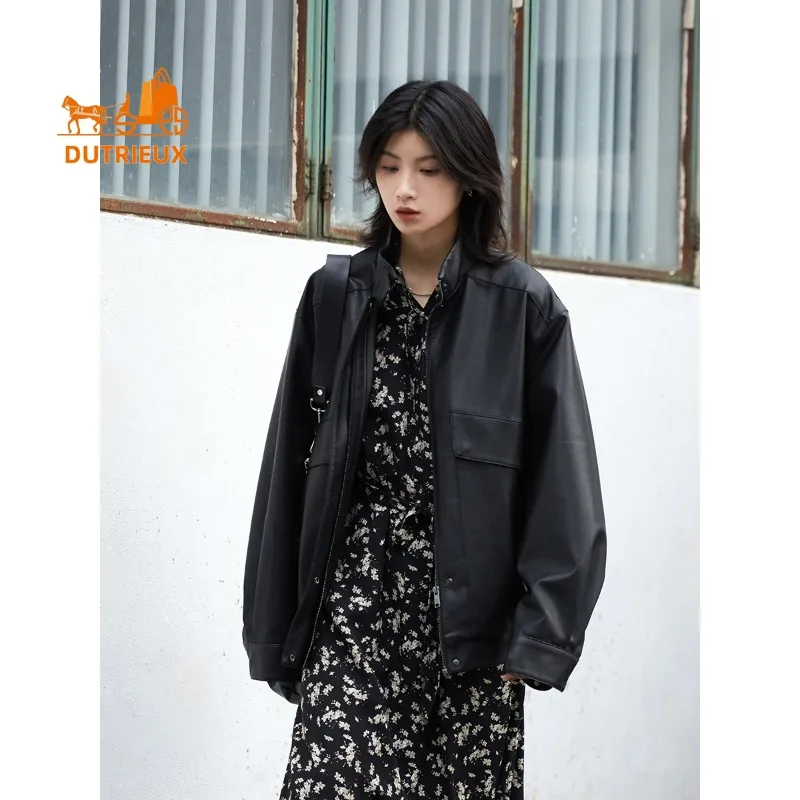 Winter Women's Neutral Style Cool Stand Collar Quilted Leather Jacket, 100% Genuine Sheepskin Intellectual and Fashionable Coat