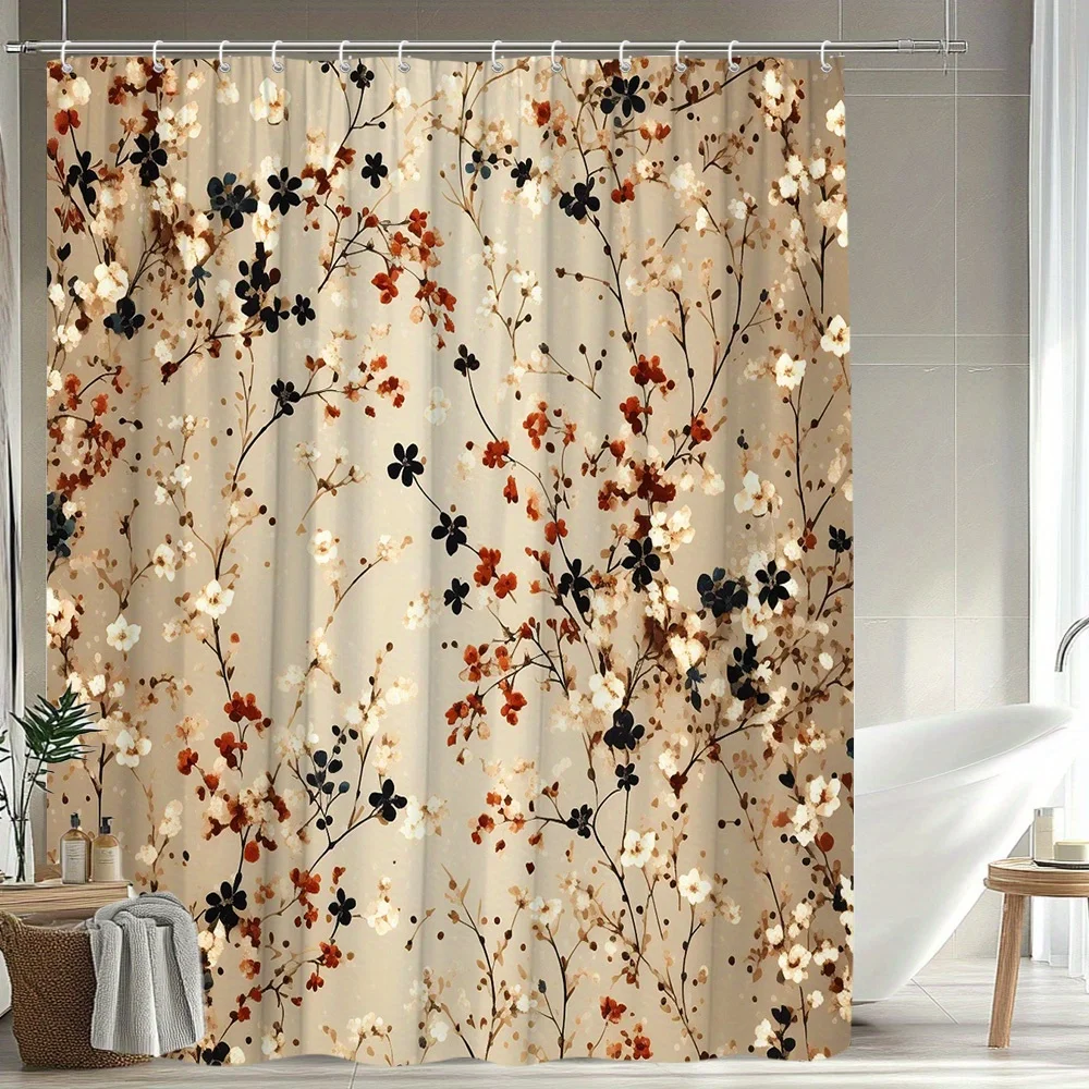 

1pc Floral Shower Curtain Elegant Botanical Design with Pink White Black Flowers on Beige Background 70.8x70.8 Inches Durable Po