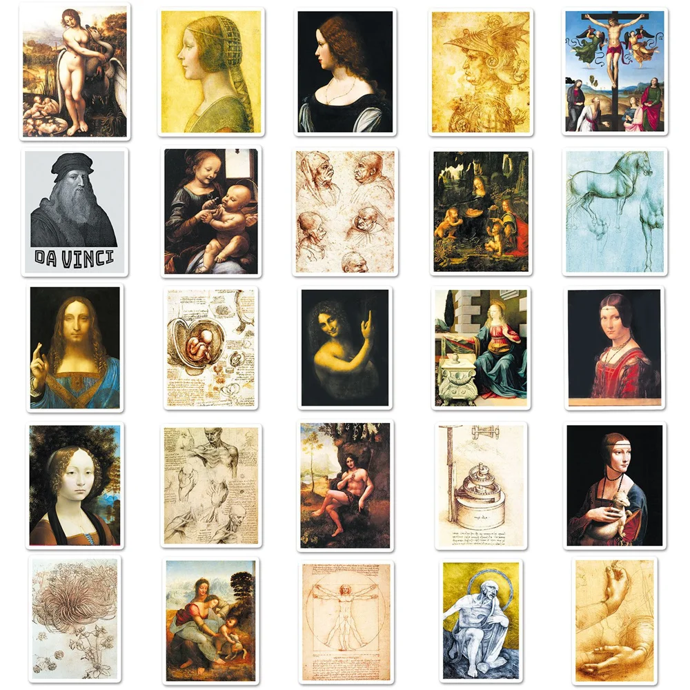 50pcs Retro Art Vintage Vinci Oil Painting Stickers For Stationery Suitcase Scrapbooking Supplies Scrapbook DIY Sticker Pack