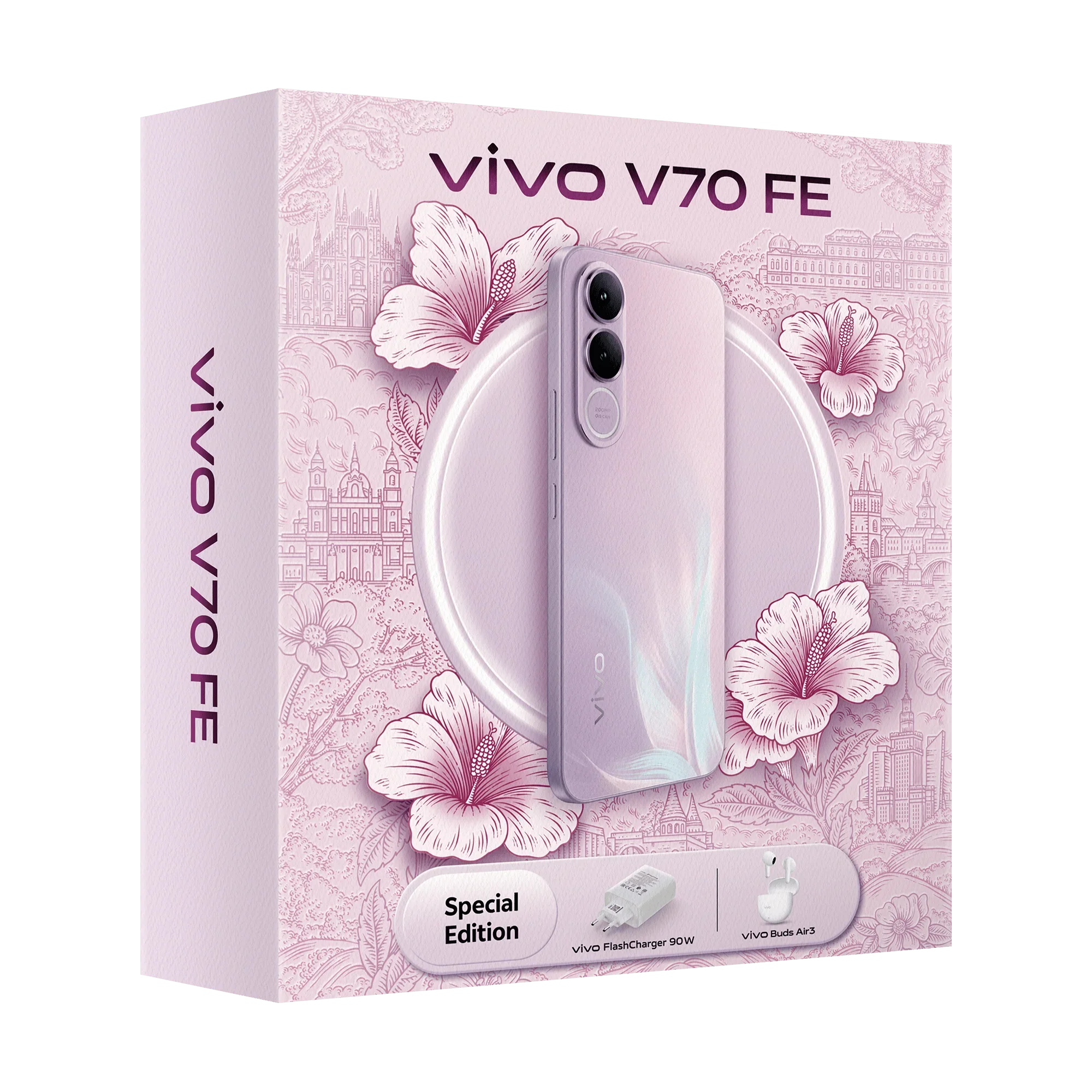 Teléfono – vivo V70 FE 5G Bundle, 8GB+256GB, Cámara de 200MP con OIS, Batería 7000mAh y Carga 90W, Pantalla 1.5K AMOLED 120Hz, IP68/IP69, eSIM, 5 años de actualizaciones, Incluye:: Auriculares Buds Air3 + Cargador 90W 5