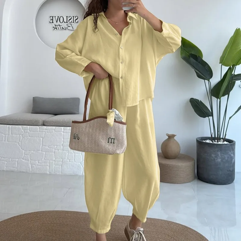 

Tsiisd Commuting Women Sets Summer Outfits Loose Casual 2 Piece Set Lantern Pants Long Sleeve Shirt Beachwear Women's Clothing