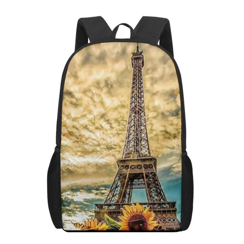 Torre eiffel paisagem impressão sacos de livro para meninos meninas crianças saco escolar casual mochila ombro elegante adolescente armazenamento