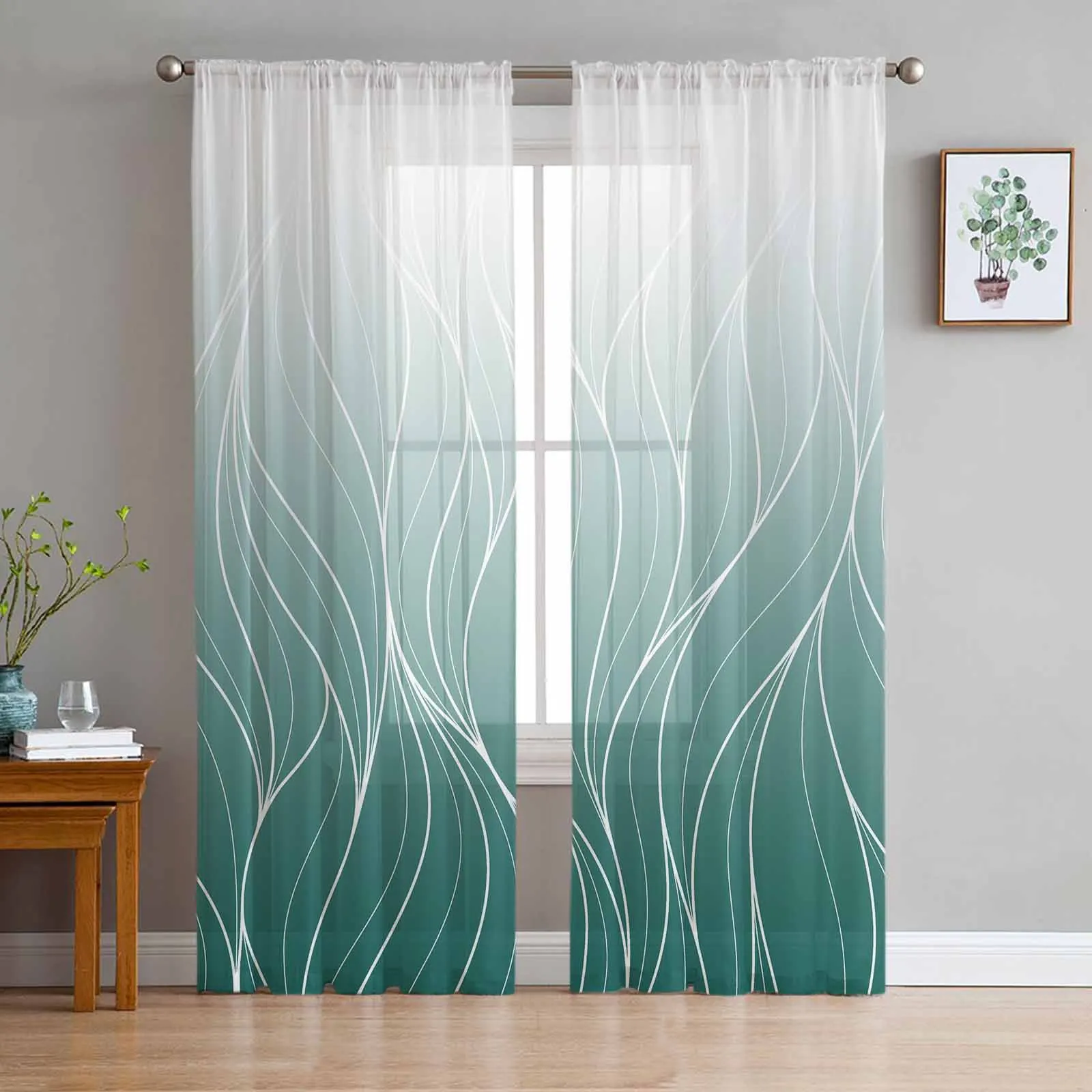 

Turquoise Gradient Line Texture Curtains For Living Room Bedroom Kitchen Decoration Window Tulle Curtain