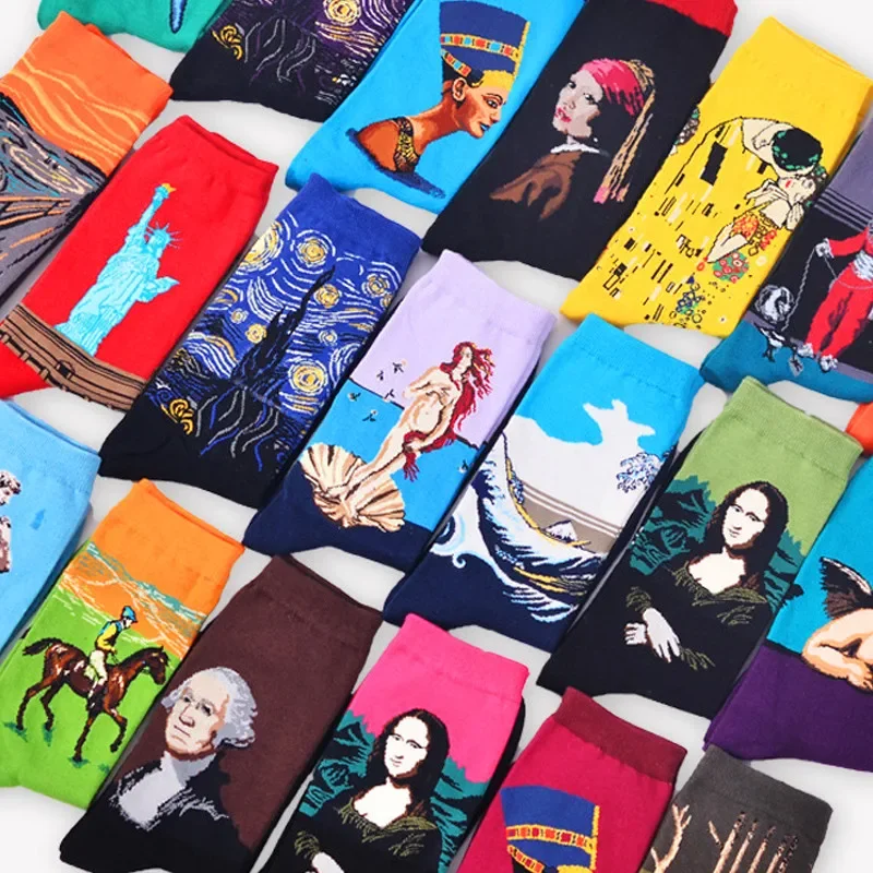 1 pairs Men Socks Combed Cotton Colorful Van Gogh Retro Oil Painting  Cool Casual Vogue Funny Party Dress Crew Socks