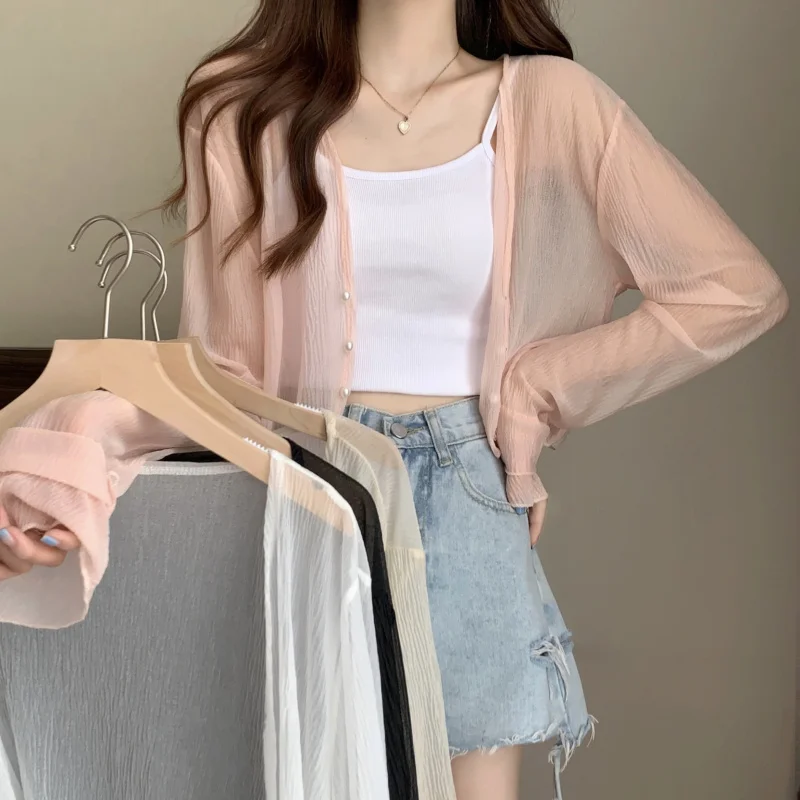 

2025 Fairy Style Solid Cardigan Women Summer New Long Sleeve Sunscreen Sweet Beading V-neck Basics Loose Chiffon Cardigan
