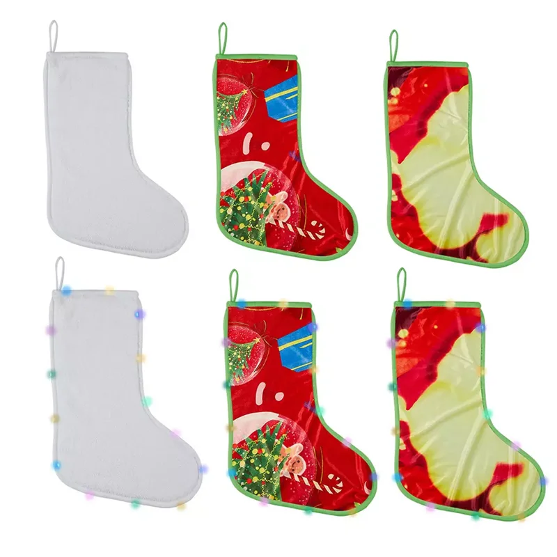 Festival Sublimation Blank White Linen Santa Socks With Led Light Christmas Stocking Xmas Tree Decoration for Custom Logo Gift