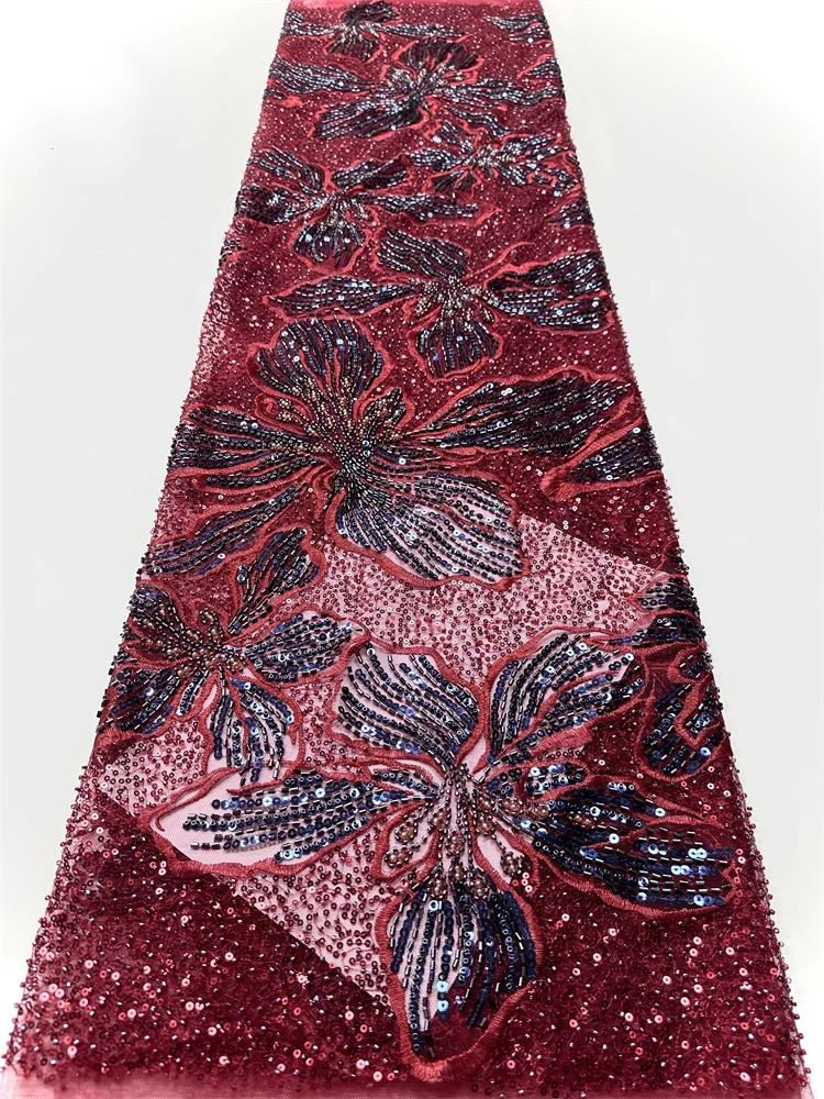 

2025 Hot Sale Tulle Lace Fabric With Beads Sequins New African French Nigerian for High End Wedding Party Bride Sewing Dress