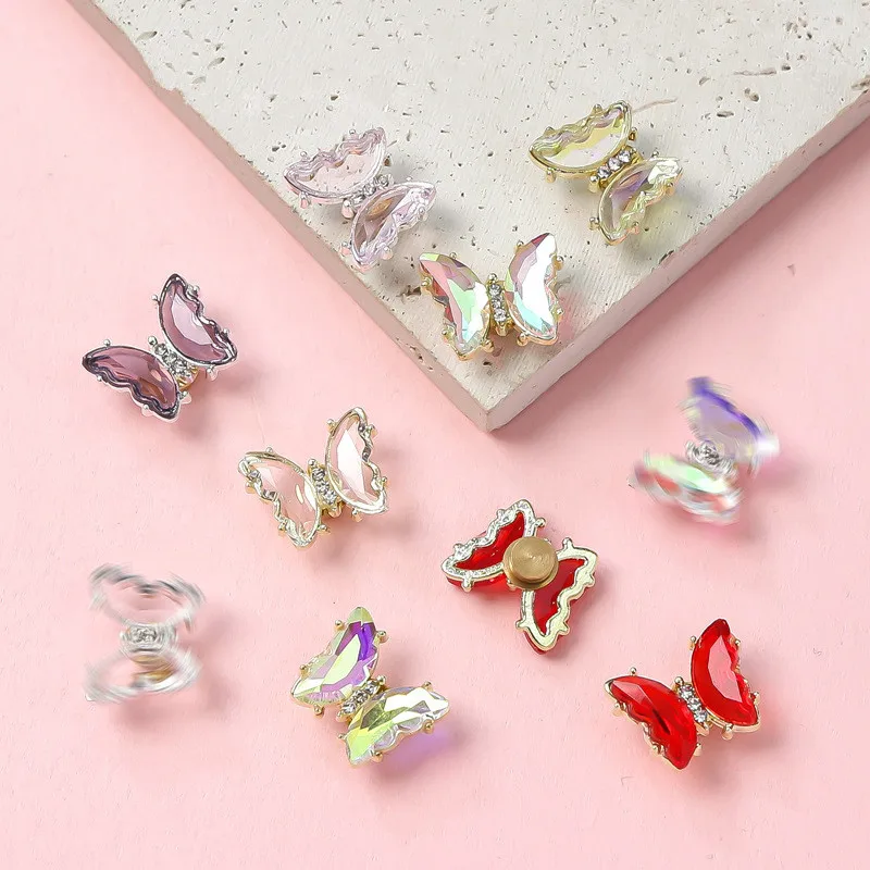 5PCS Nail Rotating Butterfly Ornament Three-dimensional Pink Crystal Wings Accessory DIY Butterfly Ornament Nail Drill