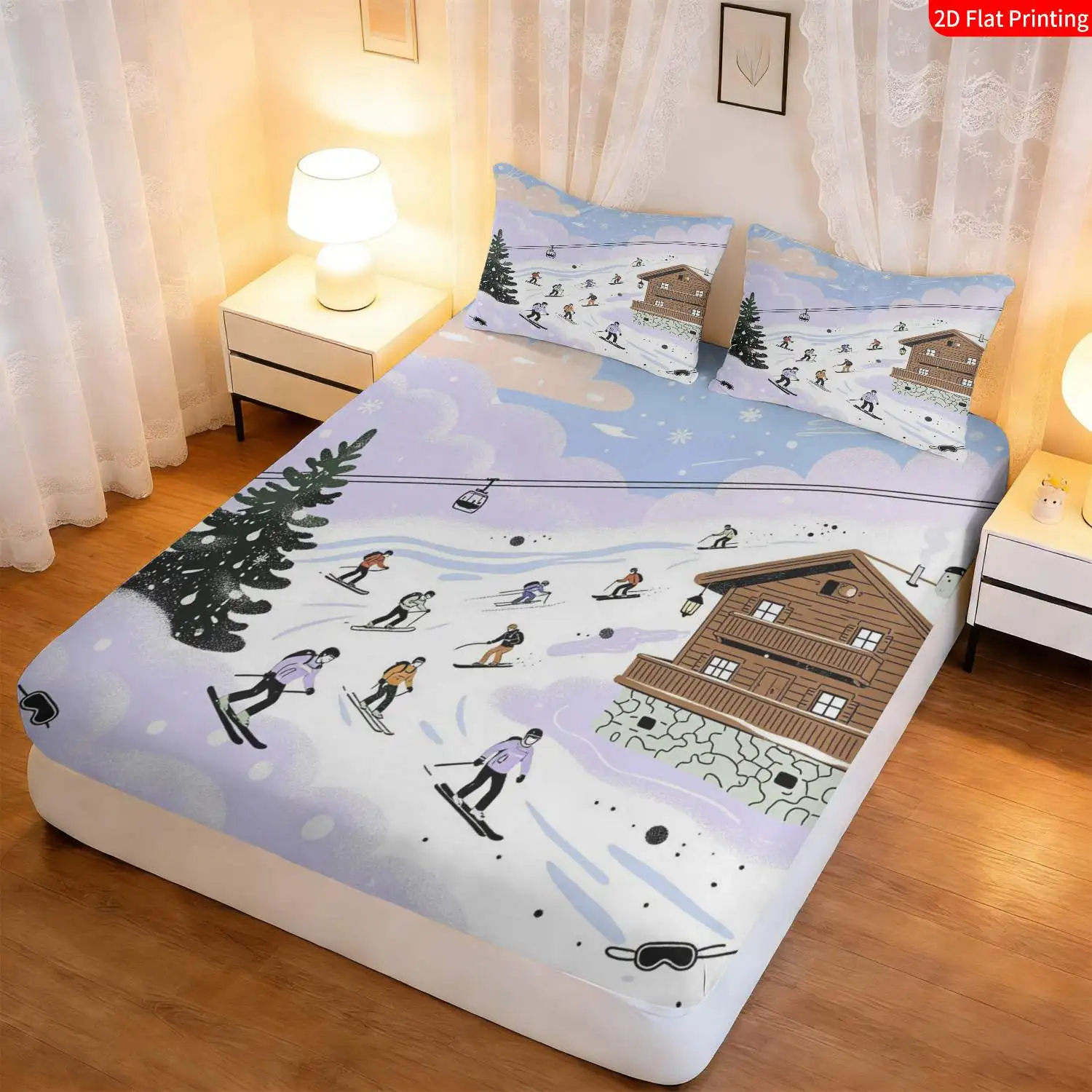 Modern Minimalist Style Winter Ski Resort Themed Bedding Set, Three-Piece Fitted Sheet Set, Three-Piece Bedding Set (Including 1 Fitted Sheet + 2 Pillowcases), 3-Piece Set, Deep Pocket Fitted Sheet with 2D Print and 2 Pillowcases, Fitted Sheet Style with Elastic Band, Protective Cover, Mattress Protector, Suitable for All Seasons, Machine Washable Design, Holiday Decoration, Various Sizes, Breathable Protective Cover Plus Pillowcase