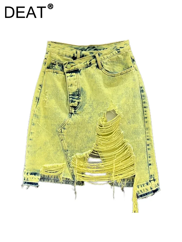 

DEAT Women's Denim Skirt Fluorescent Yelloe Broken Holes Wrap Hips Patchwork Asymmetric Skirt 2024 Autumn New Fashion 29L7783