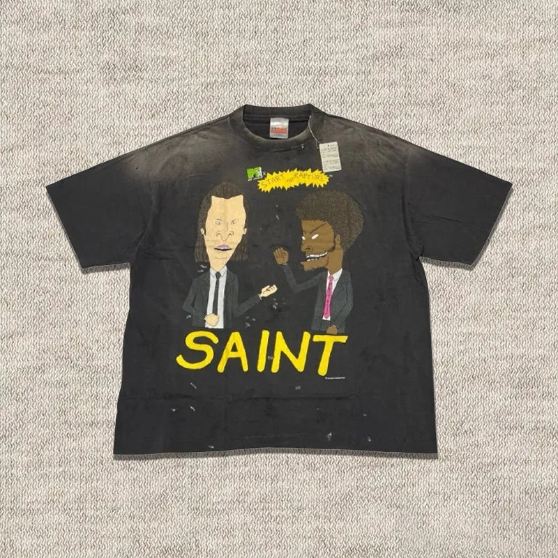 2026 Saint American Anime Printed Women men Washed Casual Short Sleeve T shirts tees Hiphop Oversized Men Cotton T shirt