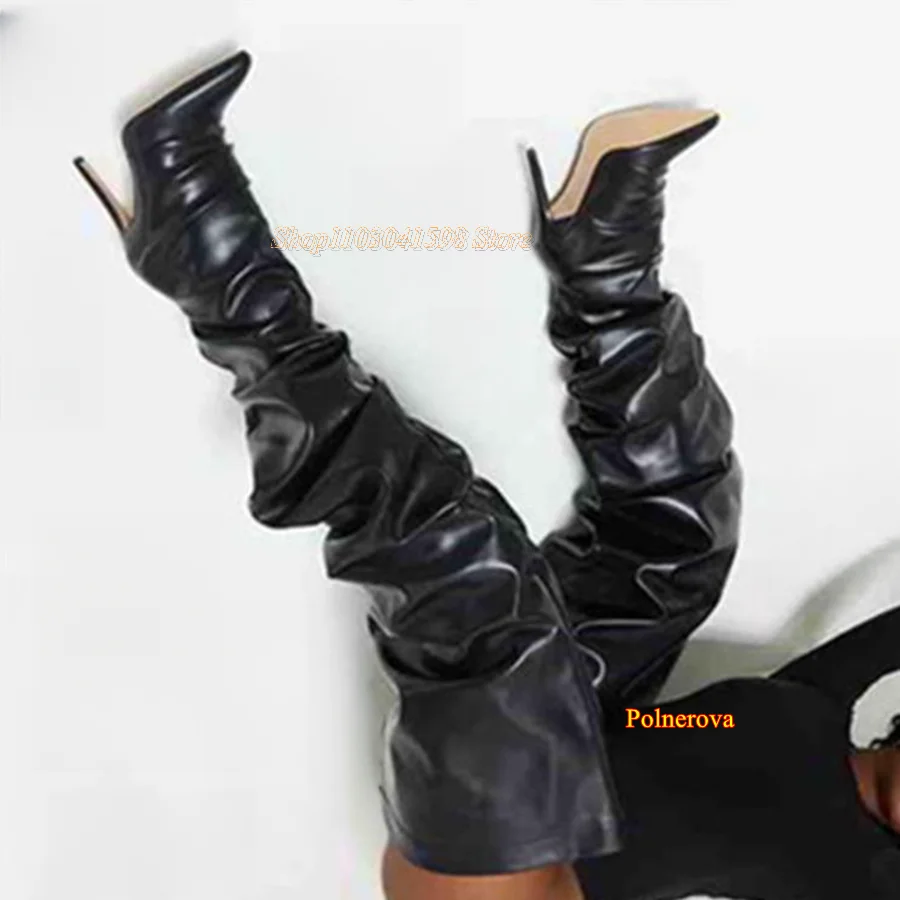 Retro Pleated Over The Knee Boots,Stylish Casual Leather Long Boots Pointed Toe Stiletto Women Shoes2023 New Zapatos Para Mujere