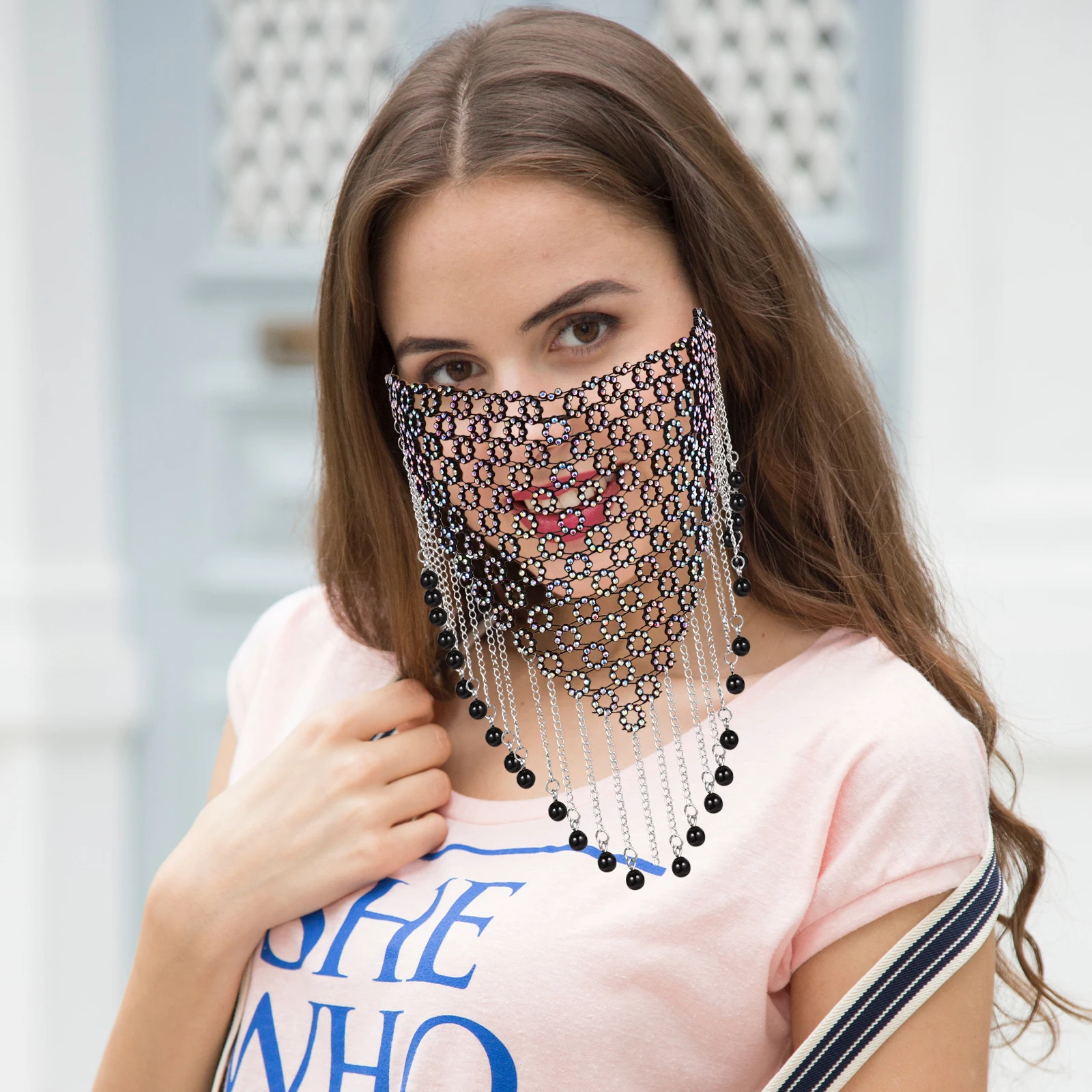 

Rhinestone Face Jewelry Metal Veil Mask for Dancing Parties Tassel Accessories Attractive Performance Rehearsal