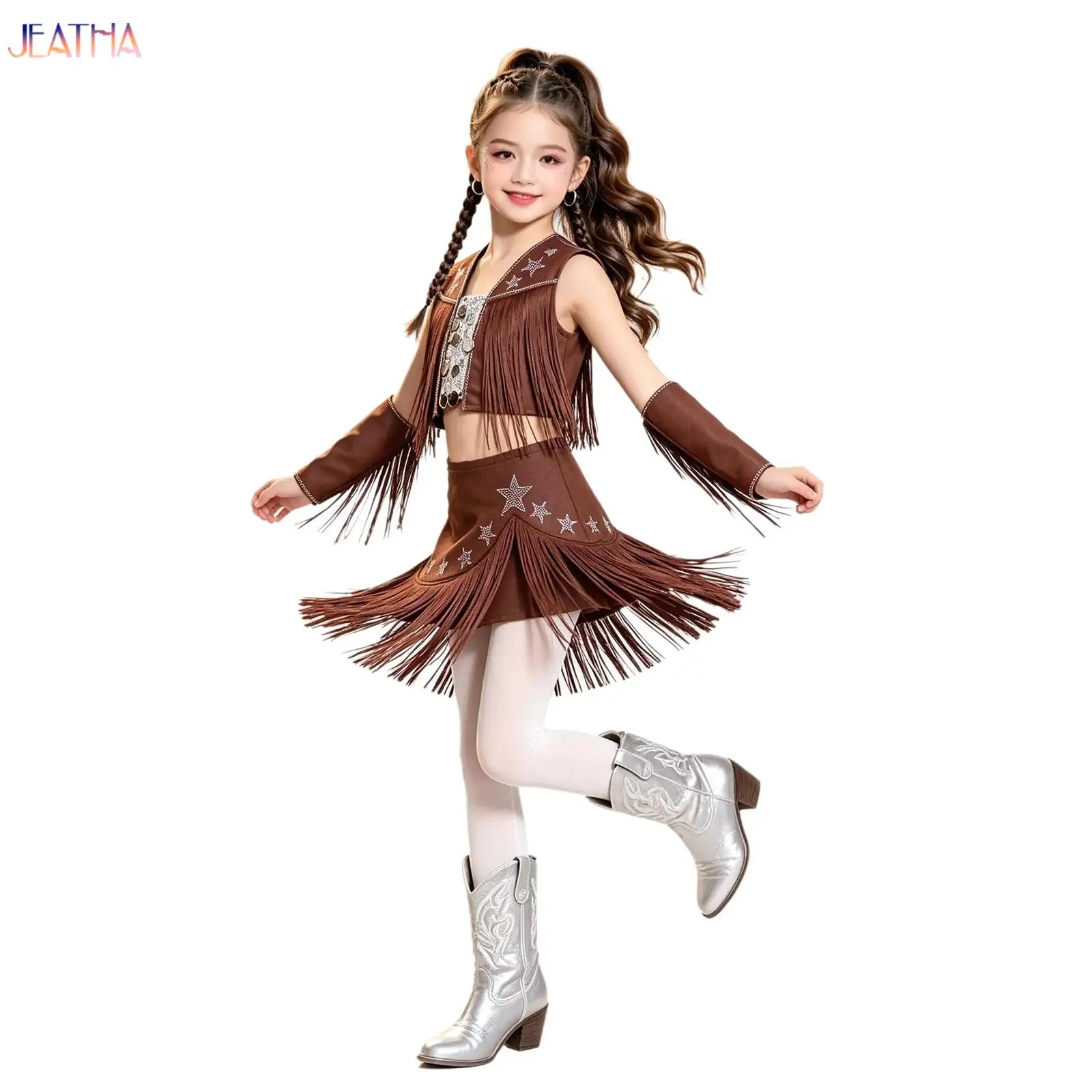 3Pcs Kids Cowboy Cowgirl Costume Sequin Rhinestone Tank Crop Tops+Skirt+Oversleeve for Latin Dance Stage Performance Streetwear