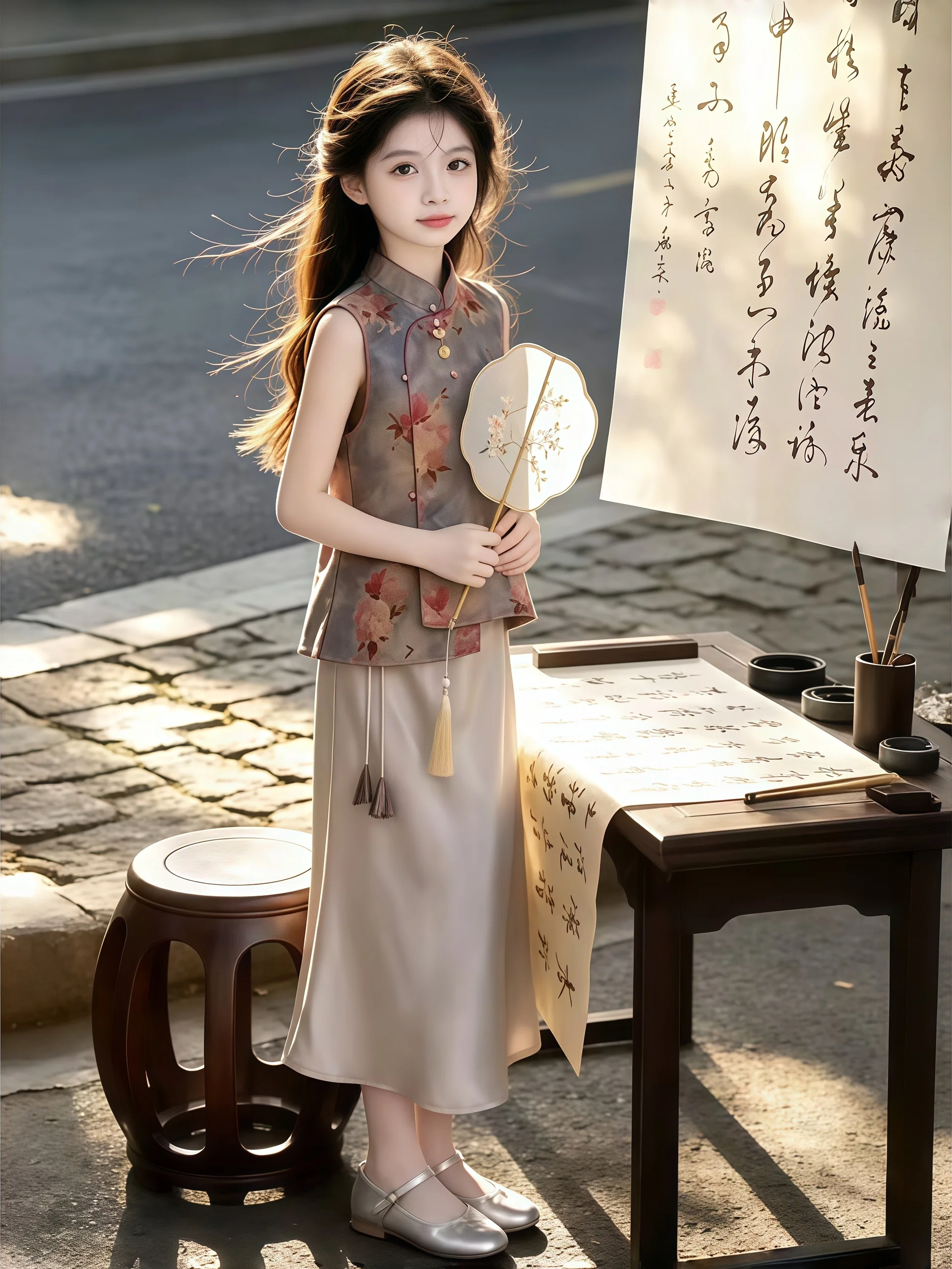 retro-mint-green-floral-print-qipao-dress-girls-children's-clothing-summer-soft-comfortable-lace-short-sleeve-princess-skirt