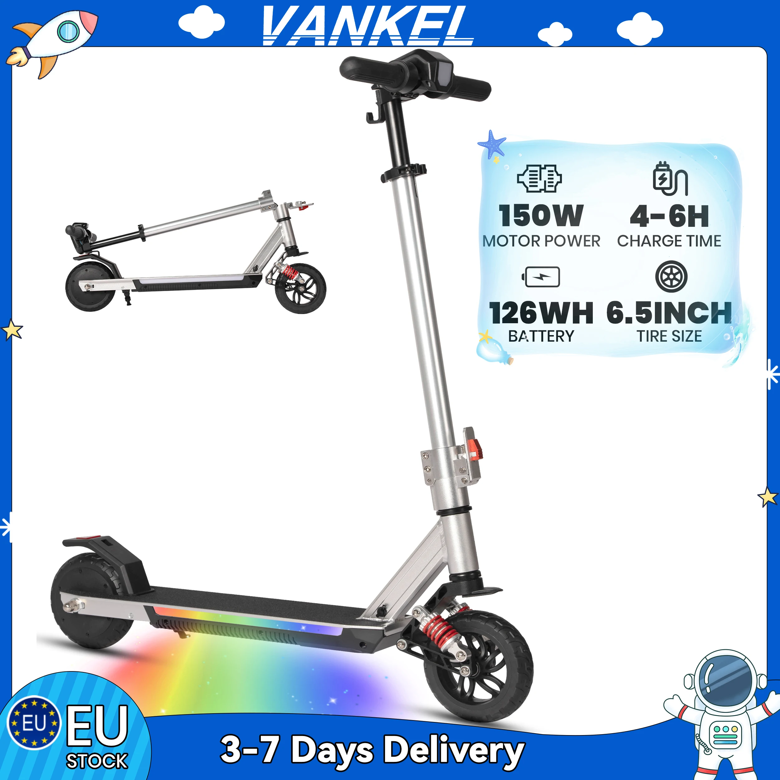 Vankel 6,5 Zoll E-Scooter Kinder, faltbarer Elektroroller mit Vorderrad Stoßdämpfer,150W Motor,126Wh Akku Scooter Geschenke
