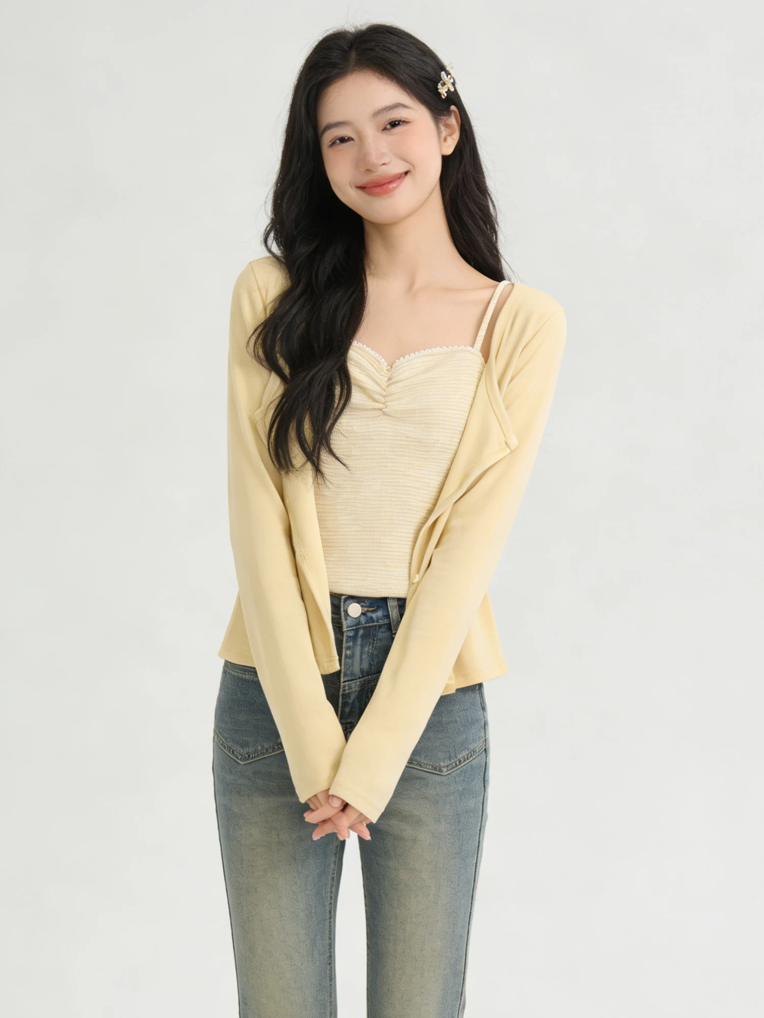 

Elegant Lady Knitted Cardigan And Tank Top Two-Piece Set Women's Summer Casual Style Soft Blend Long Sleeve Knitted Wear