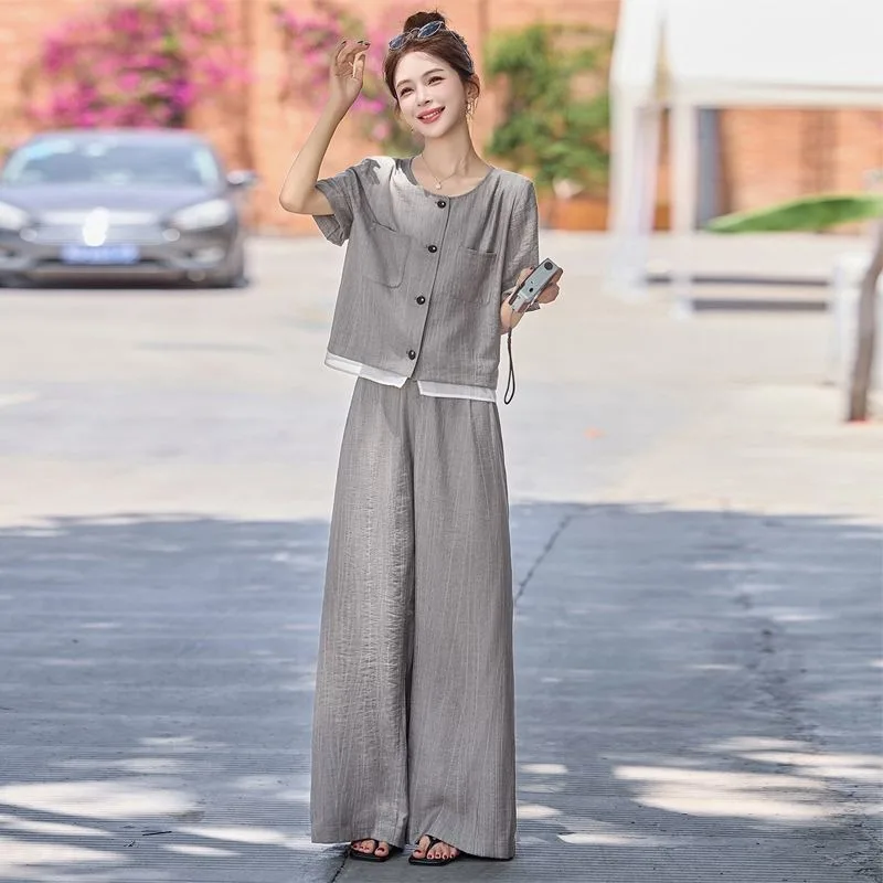 

Полная мода с короткими рукавами для женщин, супер популярные летние наряды, молодежный повседневный элегантный приличный комплект из двух предметов с широкими брюками