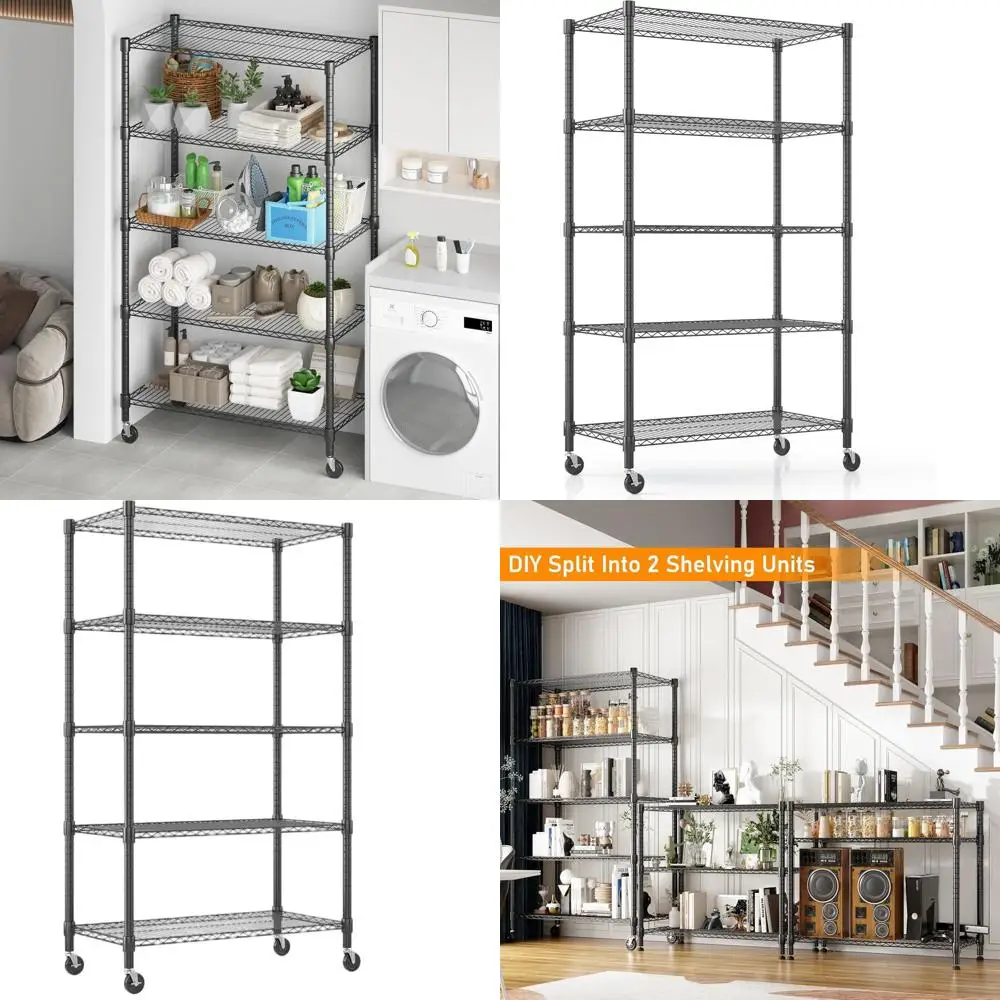 

Adjustable 5-Shelf Steel Wire Rack with Wheels, 82H Storage Shelf for Kitchen, Garage, Pantry, 18D×36W×82H, Black