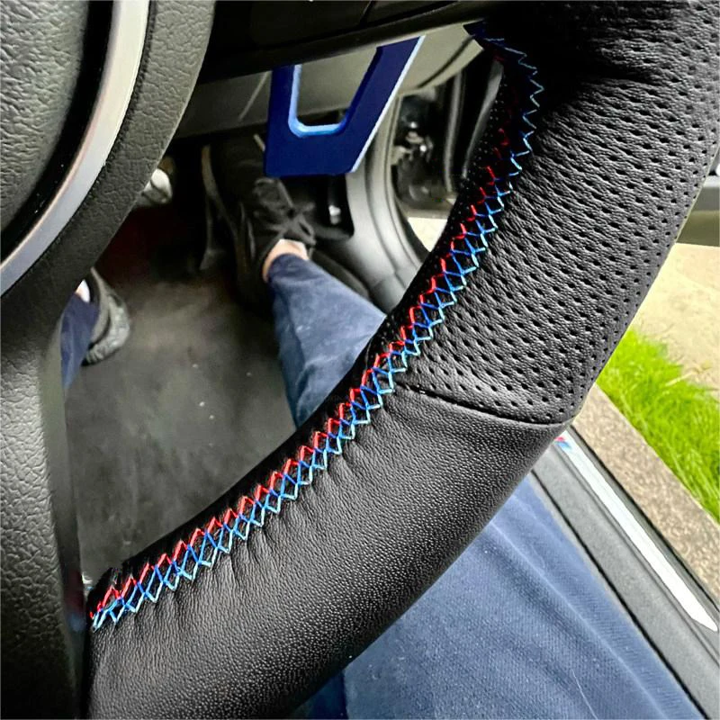 Black Leather Steering Wheel Wrap with Red & Blue Stitching, Blue Decor Strip Fit BMW 3 5 Series E36 E46 E39 X3 E83 X5 E53 2000