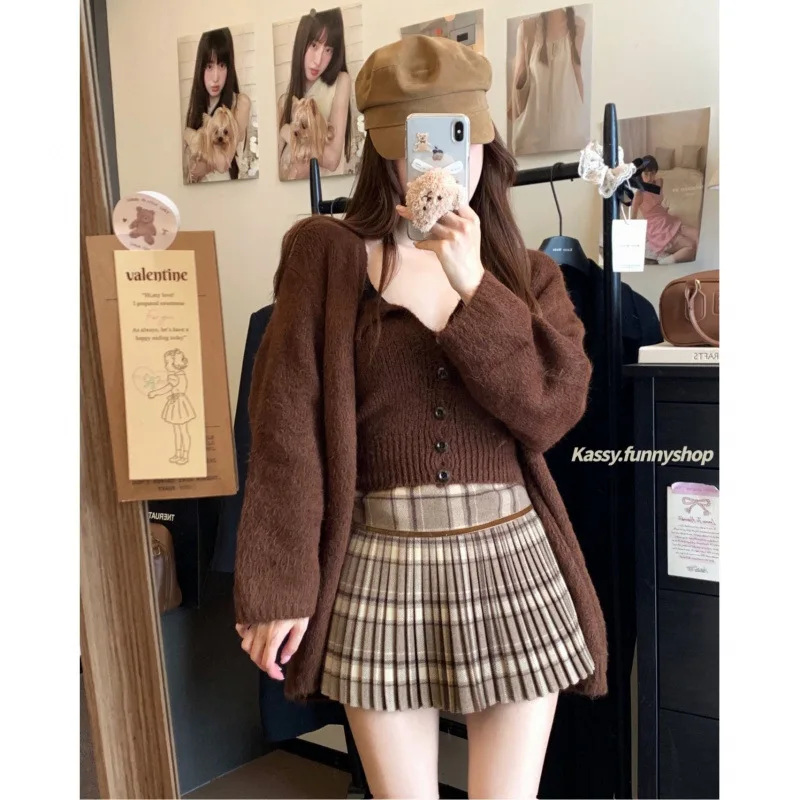 Plaid Pleated Mini Skirt Thick Wool Short Skirt High Waist Box-pleat Miniskirt for Women Teen-girl Preppy Style Outfit