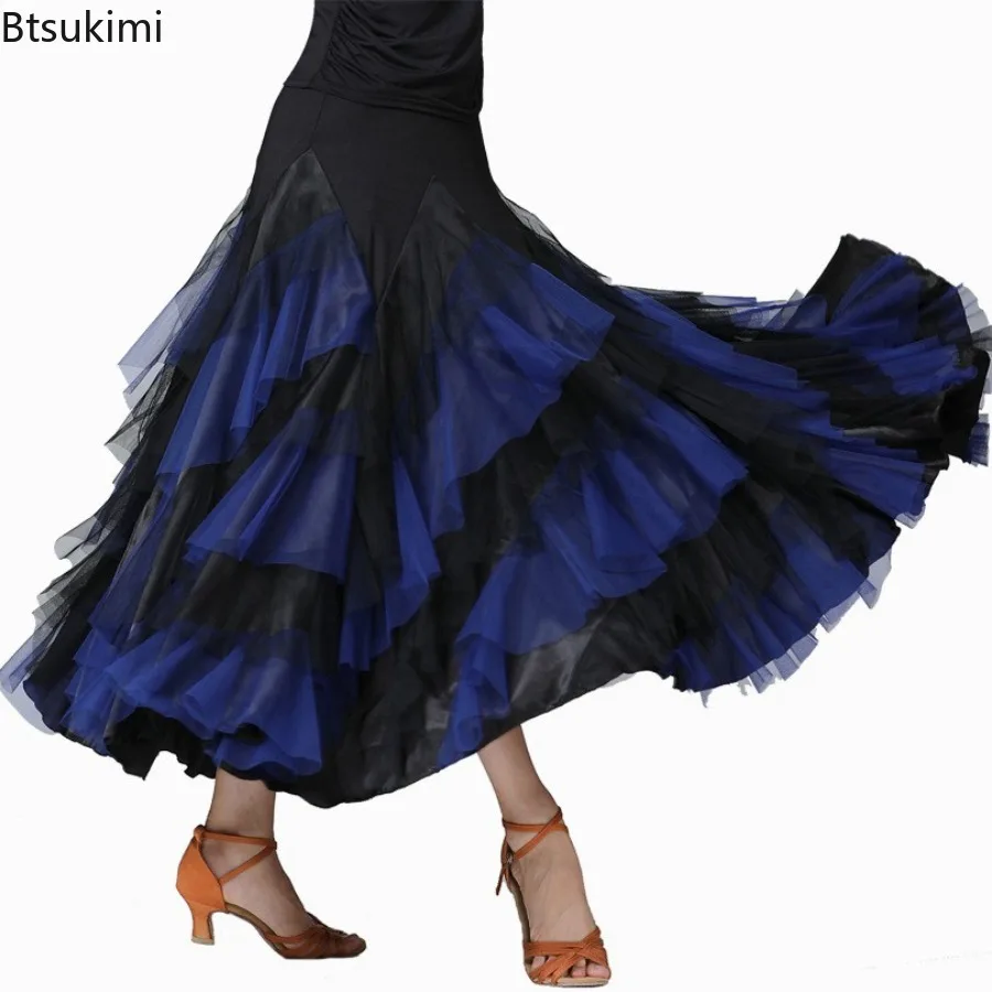 Costume da ballo moderno in rete da donna, valzer di flamenco, gonna da ballo classica, grande altalena, gonna lunga spagnola, costume da competizione