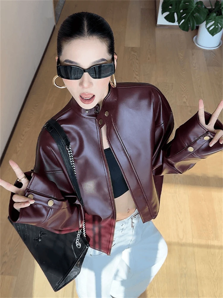 

Корейская высококачественная женская куртка-кардиган из искусственной кожи с длинными рукавами и воротником-стойкой, модная, приталенная, весенняя новинка, уличный стиль