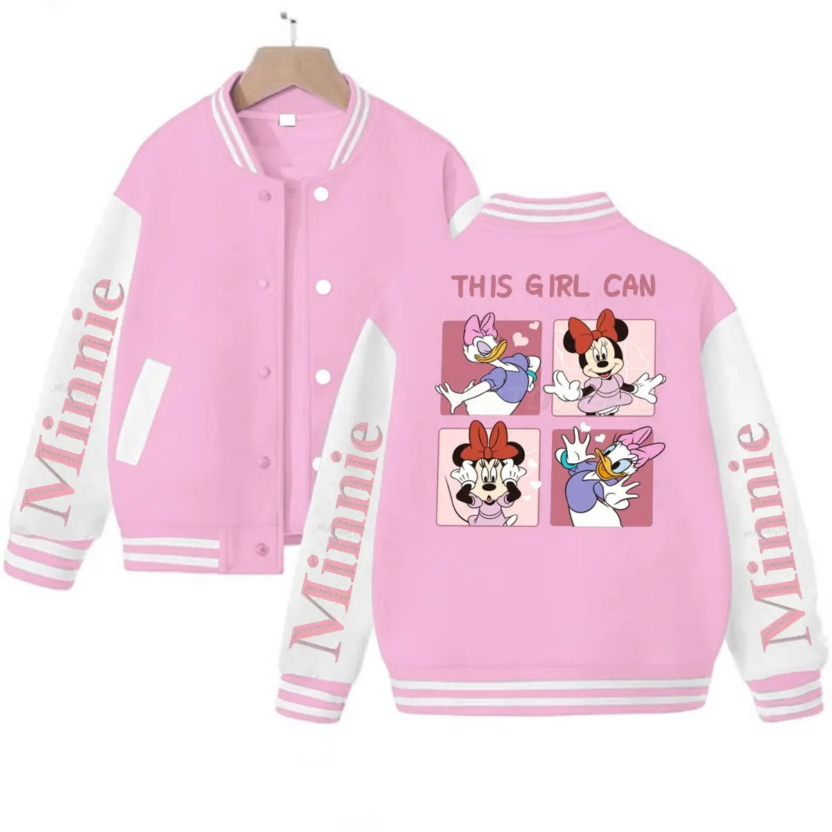 

Women's Minnie Mouse Daisy Jackets with Classic Character Print on The Back and Sleeves Design Outerwear Female Baseball Uniform