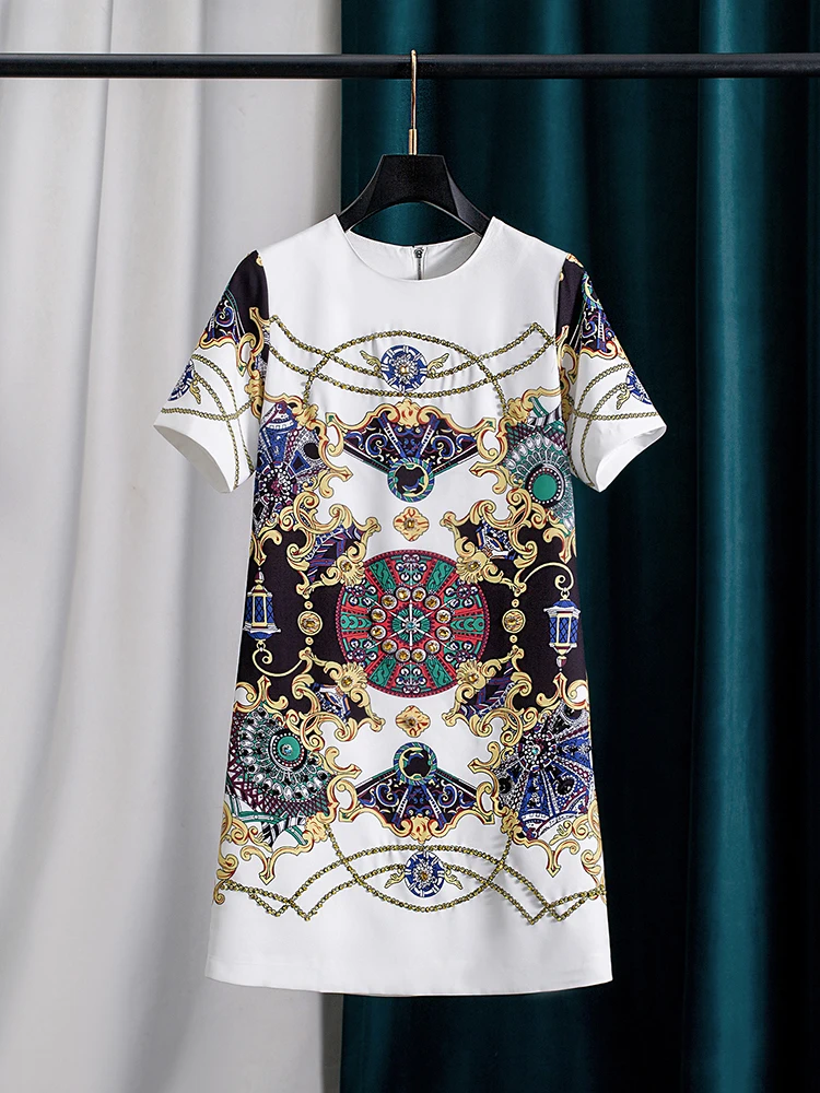 2026 Women Beaded Printed Shift Dress Short Sleeve Loose Fit Straight Dress Sum…