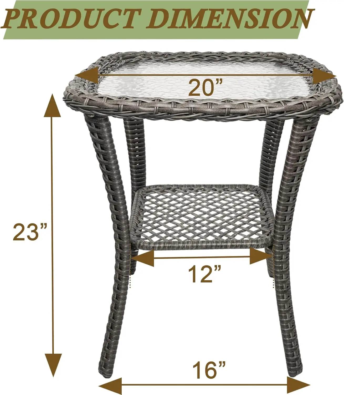 Outdoor Wicker Side Table,2-Tier Sturdy Patio Table With Tempered Glass Top,20