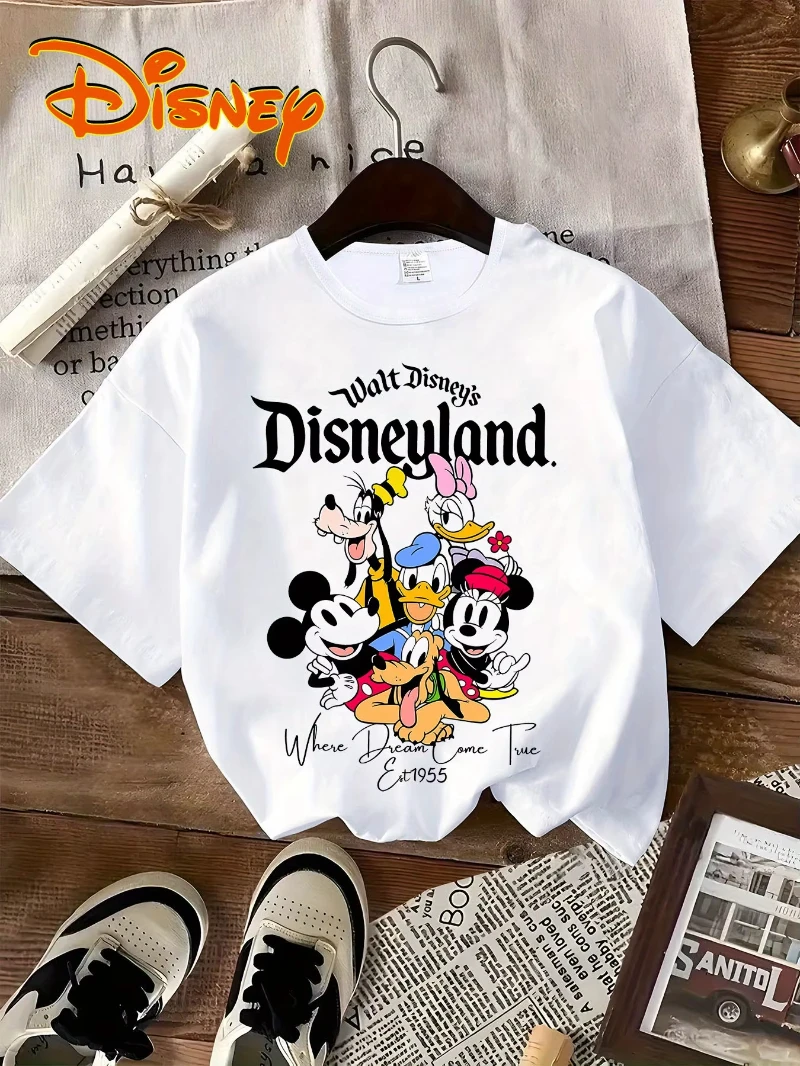 

MINISO Disney licensed Mickey and Minnie T-shirts for men and women, cute patterns, children's clothing with prints, summer casu
