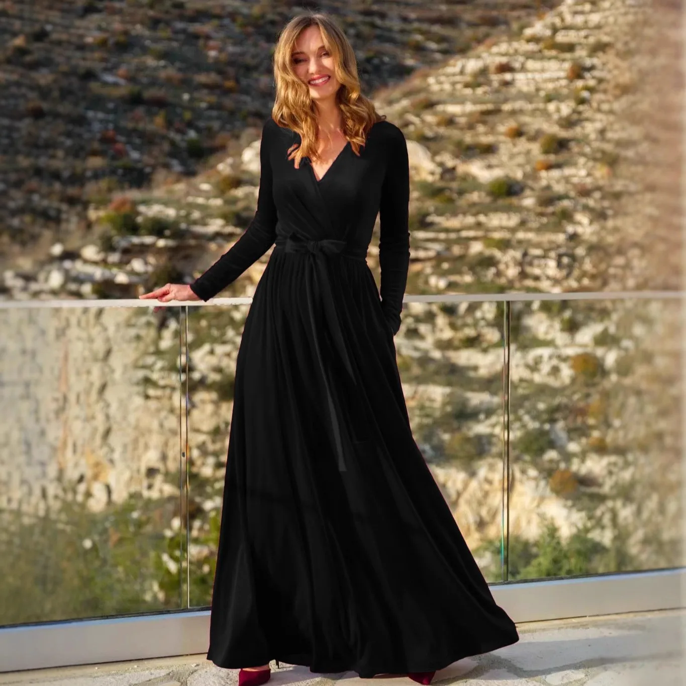 Crew Neck V Neck Dress Loose Ladylike with Autumn a Line Mid Waist Elegant Style Stage Costume Elegant Gathering Dress for Women