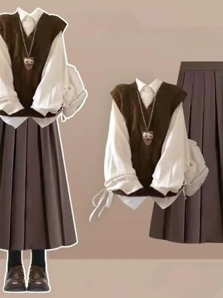 

Ce Brown Dstring irt f-długość плиссированная юбка комплект из футболки женский корейский комплект осень-зима Faion Ensemble