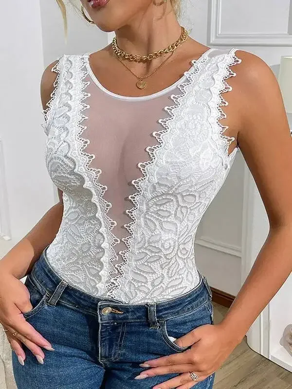 V-shaped Hollow Out Design Lace Sexy Bodysuits Shaping Beautiful Back Bodysuit Versatile Top Transparent Charming Bodysuits PW2S