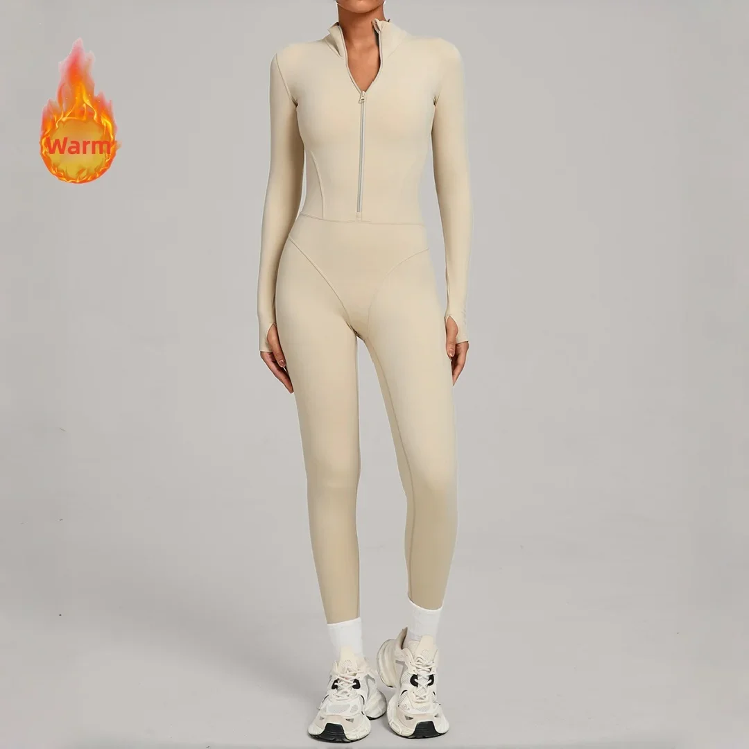 Zimní teplý jógový overal se stojáčkem a zipem, fleecový, venkovní fitness, běhání, jednodílné cvičební oblečení, legíny, jógový oblek - náhled 4