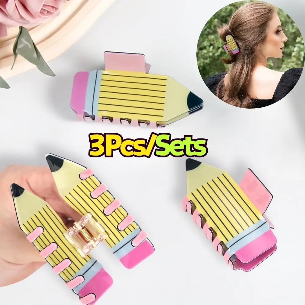 3pcs Pencil Shape Hair Clip Claw For Teachers Novelty Ponytail Clips Back To School Trendy Claw Clips Teachers Hair Accessories