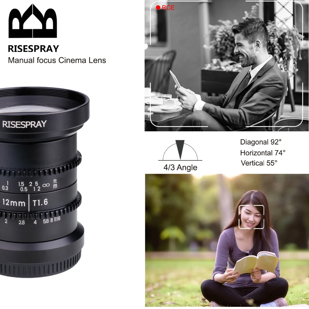 RISESPRAY 12mm F1.6 T1.6 Large Aperture Manual Focus Low Distortion 4K Mini Cine Lens for Micro Four Thirds M4/3 MFT Panasonic