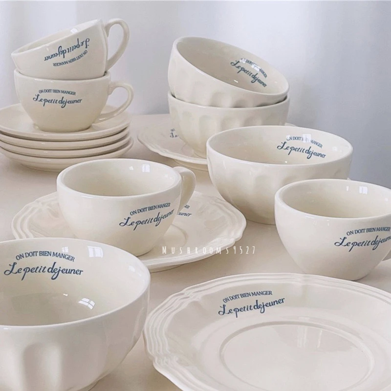 French Alphabet Underglaze Colored Plate White Tableware Set Bowl Dessert Breakfast Plate Coffee Cup Rice Bowl Three Pieces Set