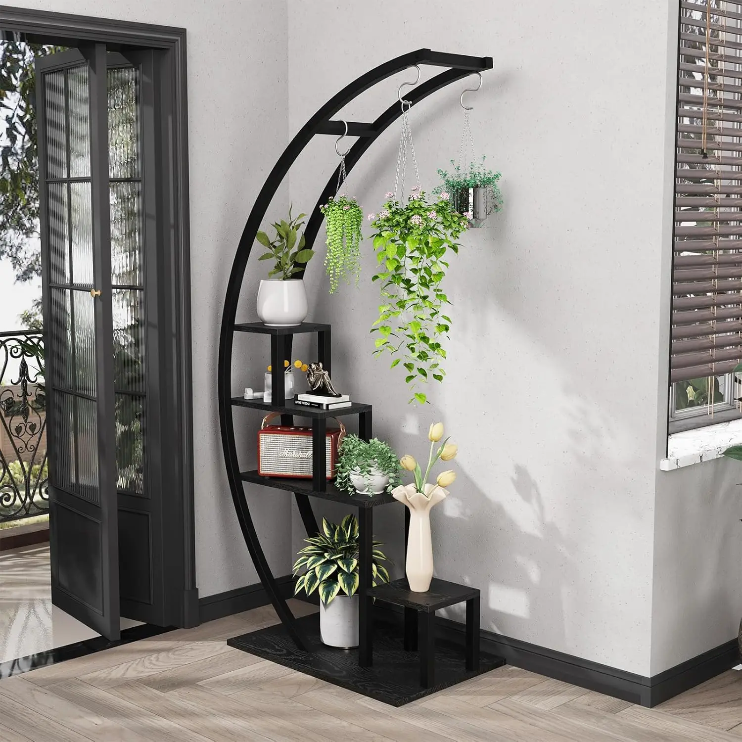 

5-Tier Half Moon Metal Plant Stand Set of 2 – Tall Indoor & Outdoor Ladder Flower Shelf Rack with Hanging Hooks, Modern Multi-Ti