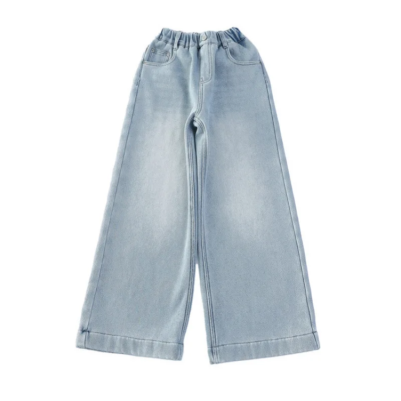 سراويل جينز مطرزة بفيونكة للفتيات للأطفال سراويل دينم كلاسيكية باللون الأزرق الفاتح واسعة الساق ، خريف/شتاء 2022 ، سراويل أطفال شبابية من 4 إلى 14 سنة #5