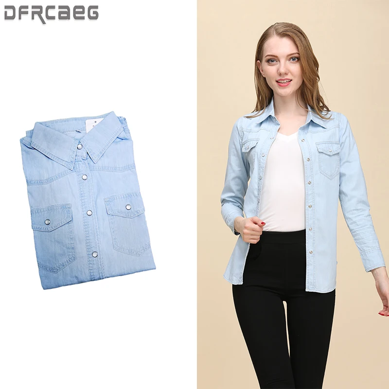 

Spring 2025 Denim Shirts And Blouse For Women High Street Long Sleeve Top Blue Or Sky Blue Color Jean Shirt Woman Blouses